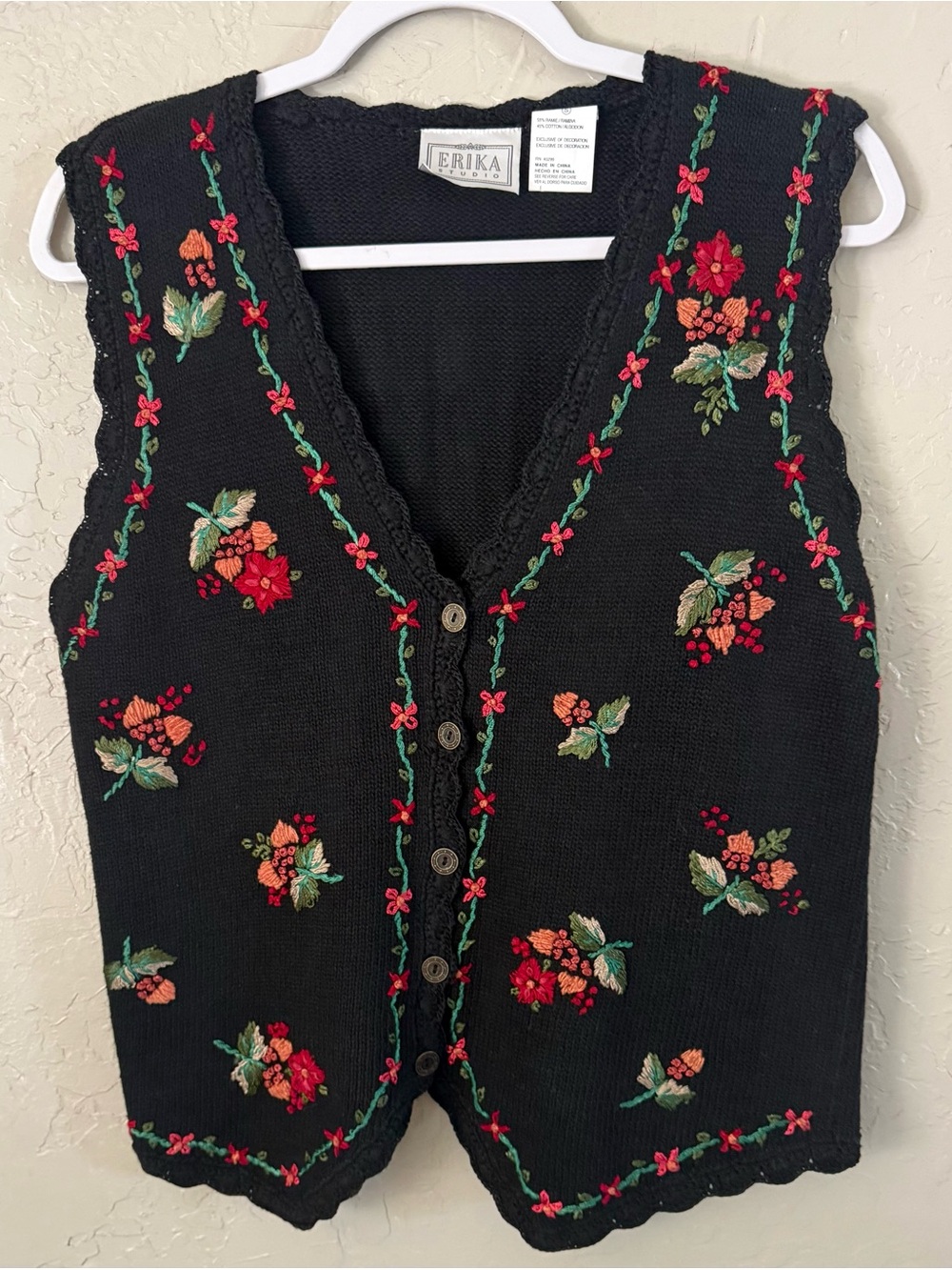 Erika Black Floral Embroidered Knit Vest